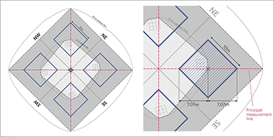Line-pointing of vascular plants in 10m×10m squares.
                                 Left,Positions of the 10 m × 10 m squares within the summit area;
                                 right, Recording lines for point measures in the 10m×10m square.
